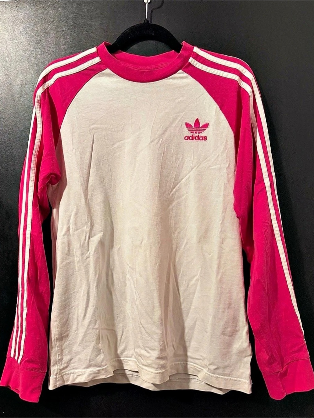 adidas Originals Pink White Three Stripe Long Sleeve Raglan Tee
